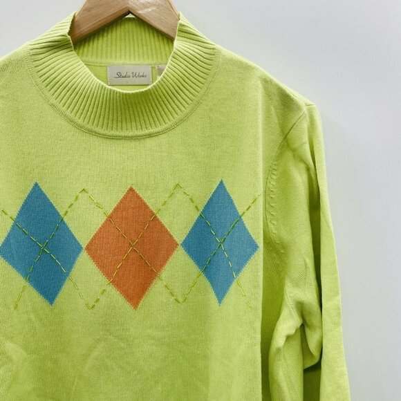 Studio Works Womens Size XL Argyle Beaded Pullover Sweater 3/4 Sleeve Green - Picture 2 of 6